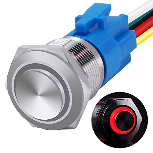 mxuteuk 16mm High Round Cap Latching Push Button Switch 1 NO 1 NC SPDT ONOff Silver Stainless Steel Shell with 12v Red LED Ring with Wire Socket Plug Suitable for 58 Mounting Hole GL16OTR