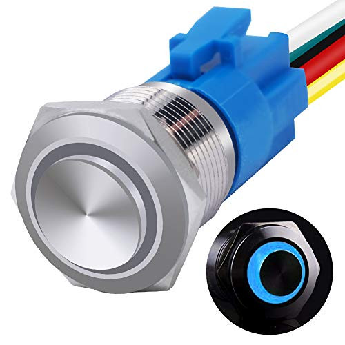 mxuteuk 19mm High Round Cap Latching Push Button Switch 1 NO 1 NC SPDT ONOff Silver Stainless Steel Shell with 12v Blue LED Ring with Wire Socket Plug Suitable for 34 Mounting Hole GL19OTBU