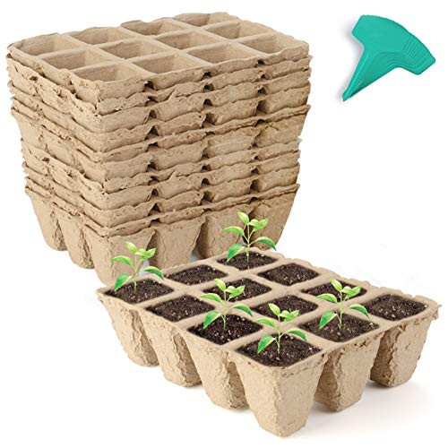 GROWNEER 24 Packs Peat Pots Seed Starter Trays 288 Cells Biodegradable Seedling Pots Germination Trays Organic Plant Starter Kit with 15 Pcs Plant Labels