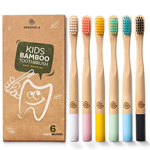 Greenzla Kids Bamboo Toothbrushes 6 Pack  BPA Free Soft Bristles Toothbrushes  EcoFriendly Natural Bamboo Toothbrush Set  Biodegradable Compostable  Organic Charcoal Wooden toothbrushes