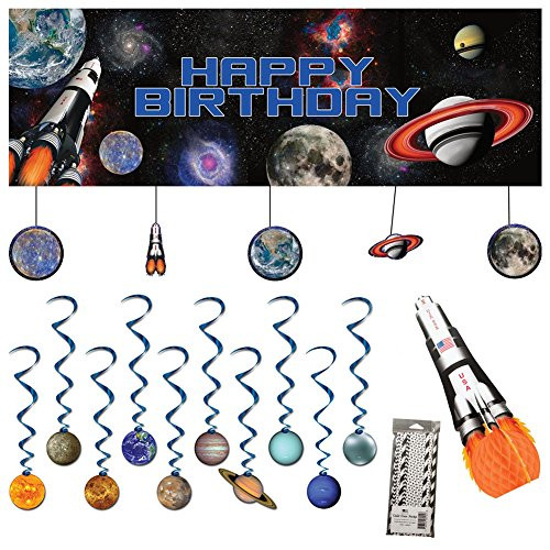 Space Blast Party Decorations Supplies Pack: Straws, Dizzy Danglers,Banner,Centerpiece
