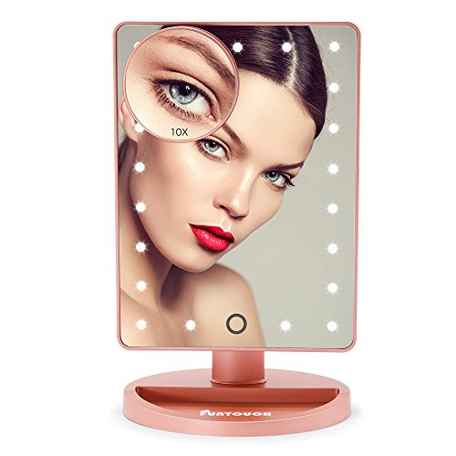 LED Lighted Makeup Mirror, FUNTOUCH Lighted Vanity Mirror with 21 LED Lights and Touch Screen Dimming, Detachable 10X Magnification Spot Mirror, Battery Powered High Definition Clarity Cosmetic Mirror