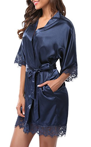 Giova Womens Lace Trim Kimono Robe Nightwear Nightgown Sleepwear Satin Short Robe Navy Blue S