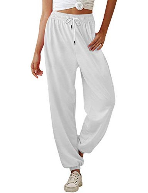 Yidarton Womens High Waisted Sweatpants Joggers Pants Drawstring Yoga Workout Lounge Pants with Pockets Medium White