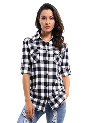 OCHENTA Womens Long Sleeve Button Down Plaid Flannel Shirt D055 Black White S