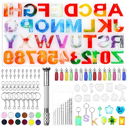 Heflashor 204Pcs Resin Molds Letter Number Molds Keychain Resin Jewelry Molds for Resin Casting Crafts with Keychain Tassels Resin Keychains Soap House Number for DIY Making
