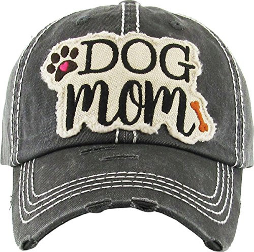 Distressed Baseball Cap Vintage Women Dad Hat  Dog Mom Patch Black