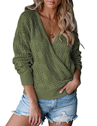 Womens Knit Deep VNeck Long Sleeve Wrap Front Loose Sweater Pullover Jumper Tops Army Green M