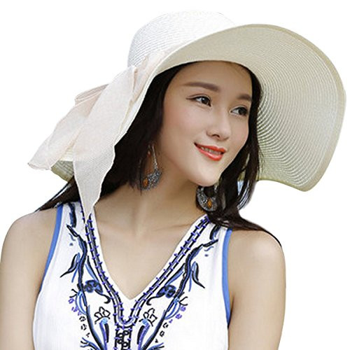 Lanzom Womens Big Bowknot Straw Hat Floppy Foldable Roll up Beach Cap Sun Hat UPF 50 Ivory White