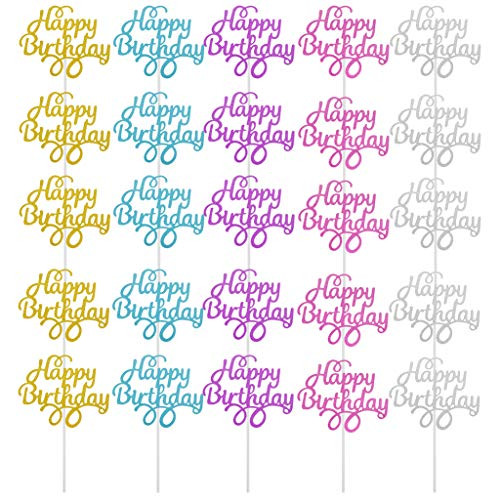 Marrywindix 50 Pieces Glitter Happy Birthday Cake Toppers Birthday Cupcake Topper Picks for Birthday Party Cake Decorations Supplies 5 Colors