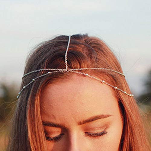 Haloty Boho Beaded Headchain Silver Double Layered Headpieces Festival Hair Chain Eypsy Headband Adjustable Headdress for Women and Girls Haloty Boho Beaded Headchain Silver Double Layered Headpieces Festival Hair Chain Eypsy Headband Adjustable Headdress for Women and Girls