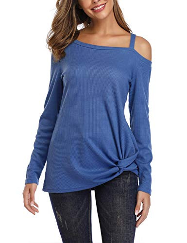 kayamiya Womens Long Sleeve Cold Shoulder Shirts Twist Knot Waffle Knit Pullover Tops LUS68 Blue