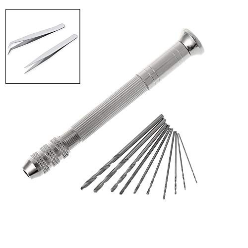 Topwon Pin Vise for Resin Casting Molds Hand Drill Bits Set Resin Drill Pin Vise Drill 10 Pcs Mini Twist Drill Bits 2Pcs Tweezers for Jewelry Metal Wood Model Making Micro Drill Bits DIY Drilling