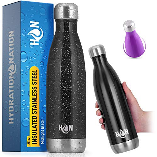 Hydration Nation 25oz Stainless Steel Water Bottle  Double Wall Insulated Metal Water Bottle For Hot  Cold Drinks  BPA Free Steel Water Bottle With Leakproof Lid Midnight Black