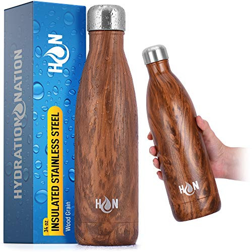 Hydration Nation 34oz Stainless Steel Water Bottle  Double Wall Insulated Metal Water Bottle For Hot  Cold Drinks  BPA Free Steel Water Bottle With Leakproof Lid Wood Grain