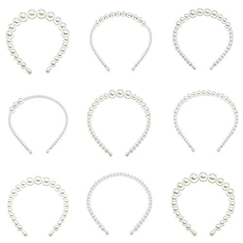 Hedume Set of 9 Pearls Headbands White Faux Pearl Rhinestones Hairbands Wedding Bridal Elegant Bling Headwear Styling Tools Accessories Hair Hoop for Women Girls for Birthday Valentines Day Gifts