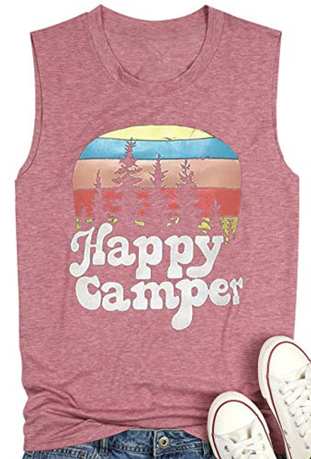 Happy Camper Tank Tops for Women Sleeveless Hiking Mountain Graphic Tees TShirt Vest XL Pink