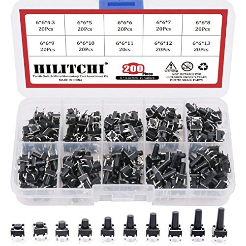 Hilitchi 200Pcs 6 x 6mm Tactile Push Button Switch Micro Momentary Tact Assortment Kit  10 Value  4 Pins