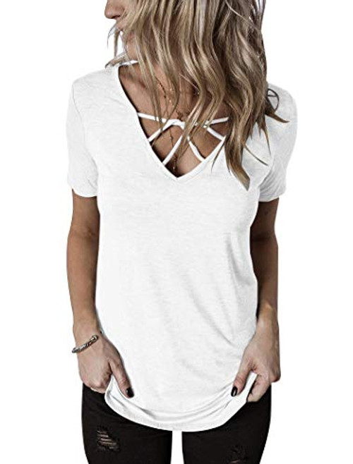 Hilltichu Womens Criss Cross Summer Tops Casual Short Sleeve Shirt VNeck Tees White Hilltichu Womens Criss Cross Summer Tops Casual Short Sleeve Shirt VNeck Tees White