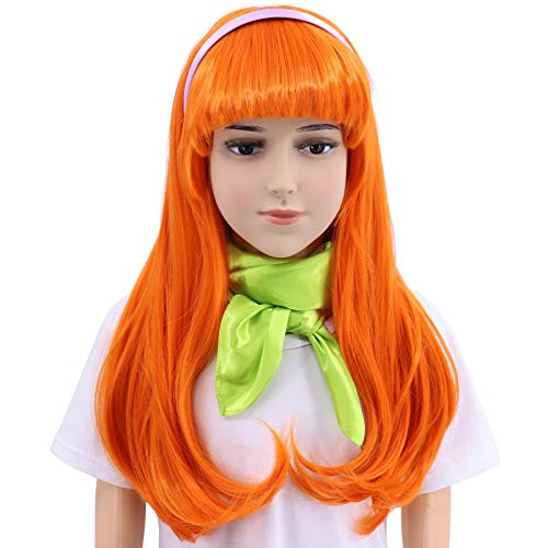 Hulaidywig Kids Long Wavy Orange Cosplay Wig  Headband  Green Scarf Orange