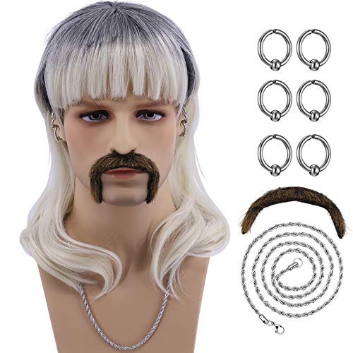 Hulaidywig Blonde with Dark Root Cosplay Wig Costume Set for Men 6 Earrings  Mustache  Necklace  Wig Blonde with Dark Roots