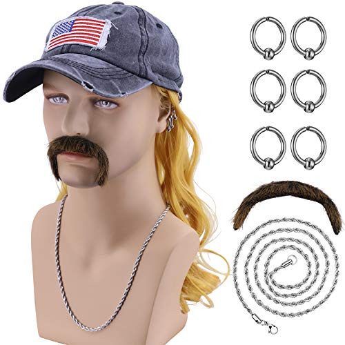 Hulaidywig Mens Mullet Costume Set  Hat with Blonde Wig with 6 Earrings and Mustache  Necklace
