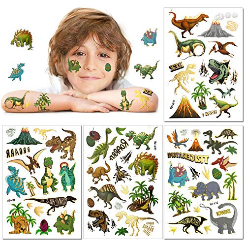 HOWAF Glitter Tattoos Dinosaur Temporary Tattoos for Kids 56pcs Fake Childrens Dino Tattoos Colourful Temporary Dinosaur Tattoo for Boys Kids Dinosaur Birthday Party Supplies Favors