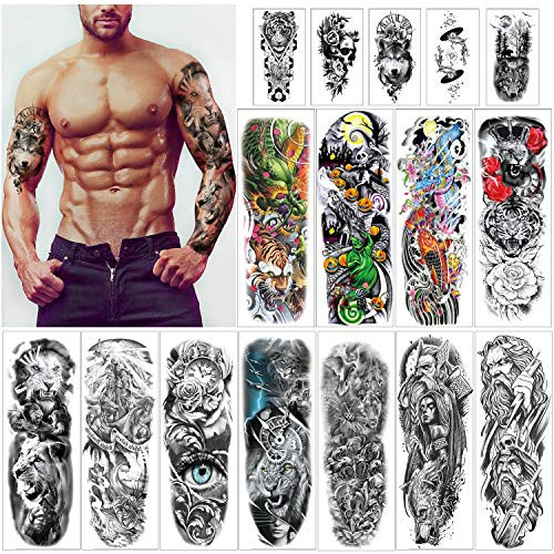 HOWAF 16 Sheets Large Full Arm Temporary Tattoo Sleeve Tattoos Fake Body Art Lion Tiger Wolf Rose Pumpkin Skull Arm Chest Shoulder Tattoo Black tattoo Stickers for Man Women Adults