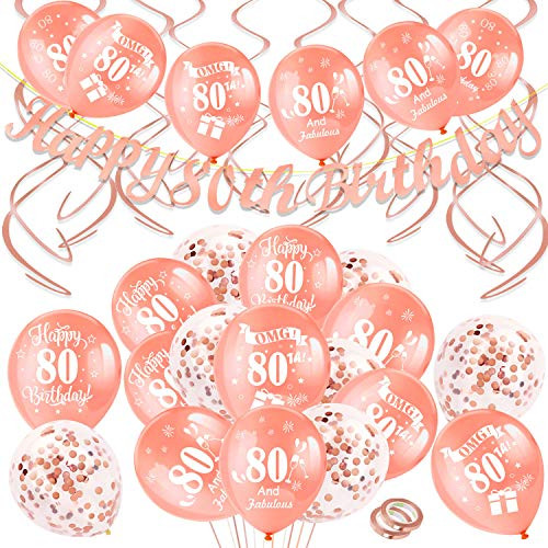 HOWAF 46 Pieces 80th Birthday Decoration Kit Include Happy 80th Birthday Banner Hanging Swirls and 80th Birthday Balloons for Women 80th Birthday Party Decoration Supplies Rose Gold Age 80