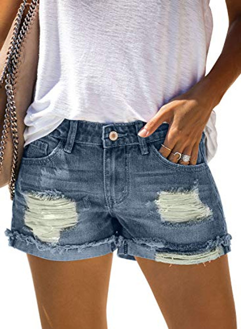 Sidefeel Women Mid Rise Rolled Hem Distressed Jeans Ripped Denim Shorts Large Blue