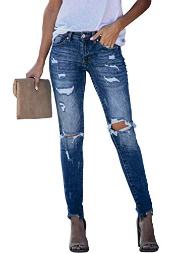Sidefeel Women Mid Rise Distressed Ripped Skinny Denim Jeans Large Blue