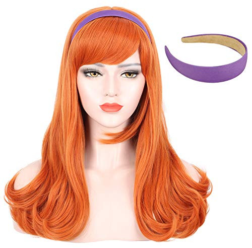 Karlery Adult Women Long Curly Orange Bangs Wig Halloween Cosplay Wig Anime Costume Party Wig Free Purple Headband and Wig Cap