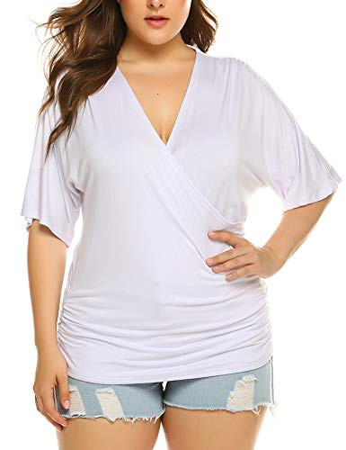 INVOLAND Plus Size Women V Neck Wrap Front Drape Tops Short Sleeve Pleated Waist Shirt Blouse White 24W