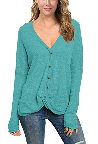 IWOLLENCE Womens Waffle Knit Loose Tunic Blouse Casual Twist Knot Tops Long Sleeve Henley Bat Wing Shirts BlueGreen Medium