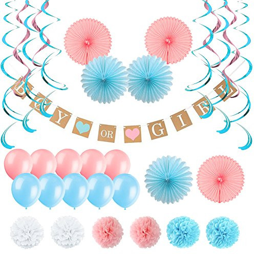 Gender Reveal Party Supplies Baby Shower Decorations Boy or Girl Banner Tissue Paper Pom Poms Paper Fans And Balloons