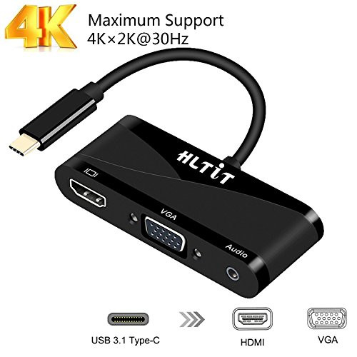 USB C to HDMI VGA AUDIO Adapter,HLTIT 4 in 1 USB 3.1 Type C to VGA HDMI 4K With 3.55mm Audio Cable and HUB,Thunderbolt 3 Compatible for Apple New Macbook Pro 2017, Samsung Galaxy S8,ChromeBook Pixel M