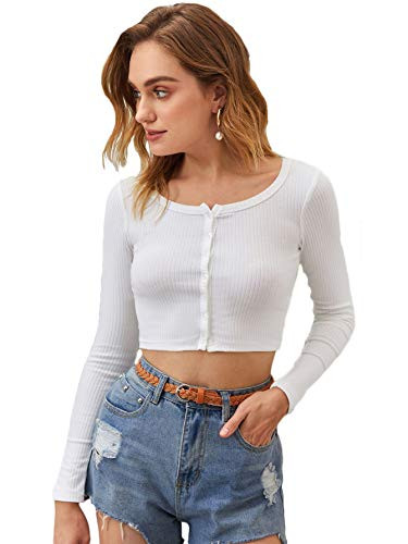 Floerns Womens Long Sleeve Button Front Rib Knit Solid Crop Top T Shirt White M