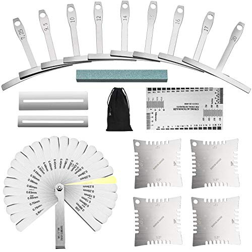 18 Pieces Guitar Luthier Tools Set Including 32 Feeler Gauge 9 Understring Radius Gauge 4 Guitar Notched Radius Gauge 2 Guitar Fingerboard Guards 1 String Action Ruler Gauge 1 Grinding Stone