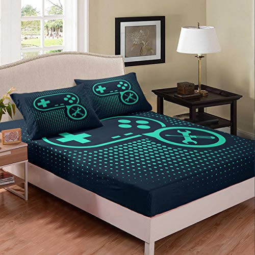 Erosebridal Gamepad Sheet Set Video Games Theme Fitted Sheet for Kids Boys Teens Gamer Teal Dots Pattern Luxury Bedding Set Ultra Soft Bed Decor TwinXL Size 1 Fitted Sheet with 1 Pillow Case