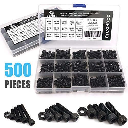 Comdox 500pcs Alloy Steel Socket Cap Screws Hex Head Bolt Nuts Assortment Kit with Box, M3 M4 M5 Thread Size, Black Oxide Finish