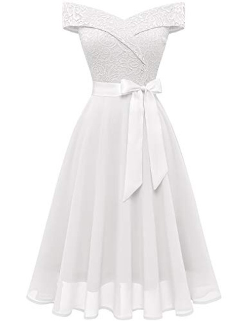 Bbonlinedress Womens Floral Lace Cocktail Dress Vintage Off Shoulder Chiffon Bridesmaid Swing Dresses White M Bbonlinedress Womens Floral Lace Cocktail Dress Vintage Off Shoulder Chiffon Bridesmaid Swing Dresses White M