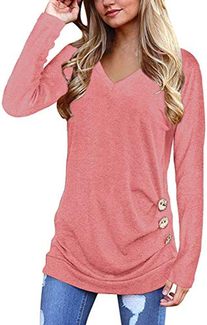 Jescakoo Tunic Tops for Leggings for Women Loose Long Sleeve T Shirts Cute V Neck Pink M