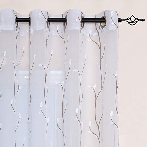 White Sheer Curtains for Bedroom 63 Inch Length Floral Embroidered Sheers for Living Room Embroidery Voile Grommet Window Curtain 2 Panels White
