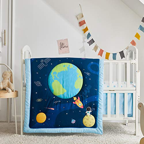 Joyreap Crib Bedding Set for Boys n Girls 3 Piece Universe Astronaut Baby Nursey Set Includes Crib Comforter Fitted Crib Sheet Dust Ruffle
