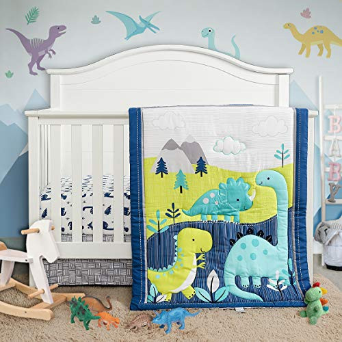 Joyreap Crib Bedding Set for Boys n Girls 3 Piece Dinosaur Theme Navy Baby Nursey Set Includes Crib Comforter Fitted Crib Sheet Dust Ruffle