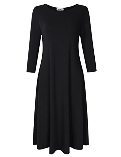 MISSKY 34 Sleeve Pocket Loose Swing Casual Midi Dress BlackXL