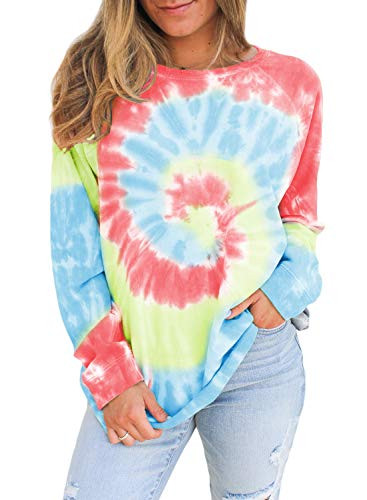 FARYSAYS Womens Casual Color Block Tie Dye Crewneck Long Sleeve Loose Pullover Sweatshirt Tops Blue Medium