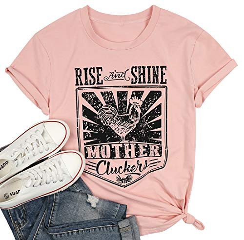 Chicken Shirt Women Rise and Shine Shirt Letter Print Mom Life Tee Top Farm Country Casual TShirt Pink Chicken Shirt Women Rise and Shine Shirt Letter Print Mom Life Tee Top Farm Country Casual TShirt Pink