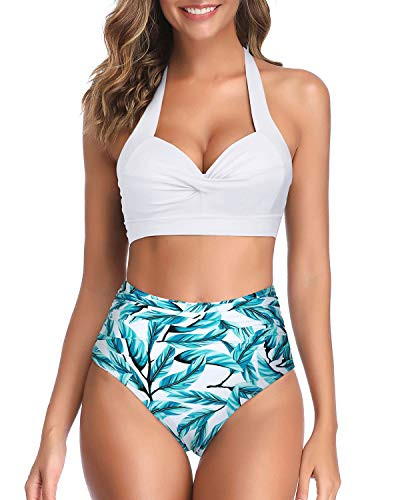 Tempt Me Women Vintage Swimsuit Retro Halter Ruched High Waist Bikini White XL