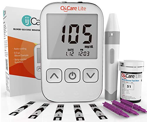 OhCare Lite Blood Sugar Test Kit  Blood Glucose Meter with Strips and Lancets Lancing Device Log and Case  One Touch Eject Glucometer 50 Strips  50 Lancets